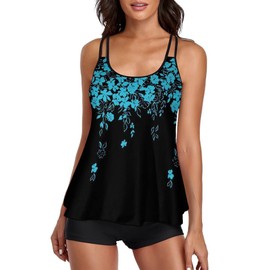 Urchics Womens 2025 Tankini Swimsuits Tummy Control Flowy Swimwear Two Piece Bathing Suits Swim Tank Top with Boyshorts Blue Floral S
