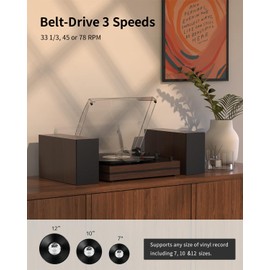 Record Player with Two External Speakers Belt-Drive Turntable for Vinyl Records Dual Stereo Speakers Vintage LP Players Support 3 Speed Wireless Playback AUX Headphone Input Auto Stop Wood Brown