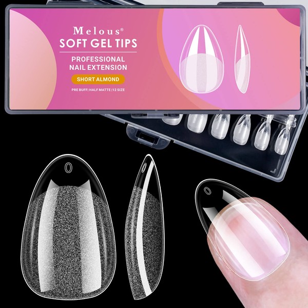 Short Almond Soft Gel Nail Tips, Melous 240PCS Pre Buff