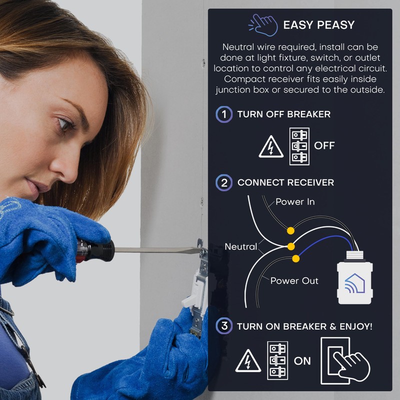 RunLessWire Single Pole Battery-Free DIY Wireless Light Switch Kit 150ft