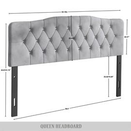 Castle Place Queen Crystal Diamond Button Tufted Velvet Upholstered Adjustable Headboard, Silver Grey