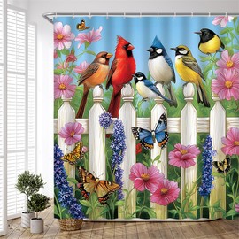 PZMPZM Floral Bird Shower Curtain Colorful Birds on Wooden Fence Rustic Flower Butterfly Spring Garden Nature Scenery Fabric Bathroom Decor Curtain Sets with Hooks,70" Wx70 H