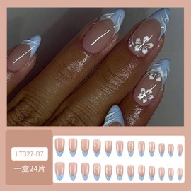 24pcs Medium Almond Press on Nails Summer Flower Fake Nails with White Floral Design Acrylic Nails Blue Nail Tips Flower Press-on False Nail Handmade Full Cover Reusable Glue on Nails for Women Girls