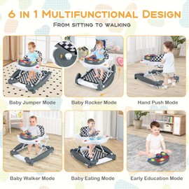 BABY JOY 6-in-1 Baby Walker, Foldable Baby Walker with Wheels, Adjustable Height, Music, Lights, Bouncer & Rocker Mode, Baby Walkers for Boys Girls 6-14 Months (Gray)
