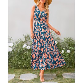 BTFBM Women Summer Dresses Casual Sleeveless Maxi Dresses Cute Floral Long Dress Wedding Guest Dress(Navy Orange Flower,Medium)