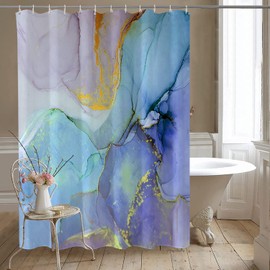 REZAYMRS Marble Modern Shower Curtain with 12 Hooks, 72''x72'' Waterproof Polyester Fabric, Quick Dry, Weighted Hem, Purple and Blue Texture Gold Stripes Shower Curtains, Machine Washable