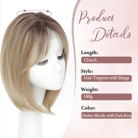 Megito Hair Topper 12inch Clip in Synthetic Hair Toppers for Women with Thinning Hair Lightweight and Breathable 6.5"X6.5" Big Base Toppers Hair Pieces for Women Daily Wear Ombre Blonde with Dark Root