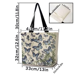 ZhuVantrix Blue Butterfly Tote Bag Reusable Grocery Bags Aesthetic Shopping Shoulder Handbag with Interior Zipper Pocket Stylish Blue Butterfly Present for Women