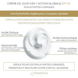 Dermeden - Crema de Día 50 Ml - Fps 50 sin Perfume - 4 Acciones en 1 - Protección Completa Contra los Efectos Nocivos de la Luz - Antimanchas,