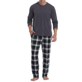 Vlazom Men's Pajamas Set Long Sleeves Soft Pj Top and Plaid Pants for Sleepwear Loungewear with Pockets,A-Black Plaid & Dark Grey,S