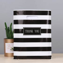 Thank You Merchandise Bags,Daarcin 100pcs 12x16in Black and White Stripes Die Cut Plastic Shopping Bags with Handle for Boutique,Party,Goodie Bags,Stores,Clothes, Reusable Retail Bags for Bussiness