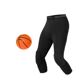 Unlimit Basketball Pants with Knee Pads, Black Knee Pad Compression Pants, 3/4 Capri Leggings (XXL)