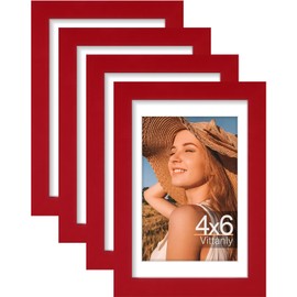Vittanly 4x6 Picture Frames Set of 4, Display Pictures 3.5x5 with Mat or 4x6 without Mat, Small Photo Frames for Wall or Tabletop Display, Engineered Wood with Shatter Resistant Plexiglass, Red