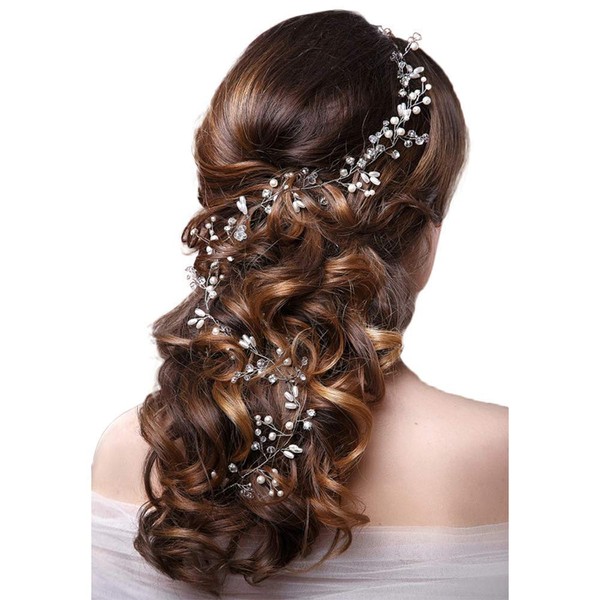 Fashion Hair Jewelry Bridal Headband Pearl Crystal Headpieces Wedding Hair Accessories for Women Girls 100cm (Silver)