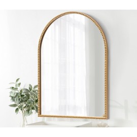 Arched Mirror,22X30 Gold Beaded Bathroom Accent Mirror,Rustic Vintage Vantity Arch Mirror,Metal Ornate Decorative Mirror for Washroom, Bedroom, Living Room,Foyer,Fireplace