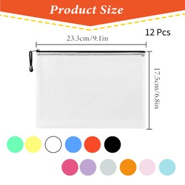 PLATEYTR Document Bag A5, 12 Pieces File Pockets with Label Pocket, A5 Mesh Plastic Zip Pocket, A5 Zip Bag for File, Paper, Documents, Cosmetics, Homework and Travel Accessories