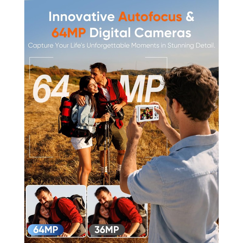 Digital Camera, 4K 64MP Autofocus Compact Camera with Dual Lens(White)
