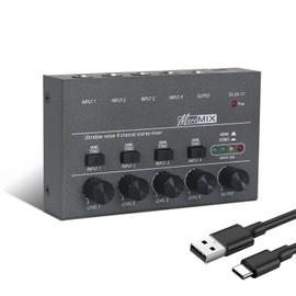 Horse Audio Mixer Line Mixer, 4-Channel Stereo Line Mixer for Sub-Mixing, Ultra Low Noise Operation, for Guitar, Microphone, Bass, Digital Keyboard, Suitable for Bar and Small Club, Gray