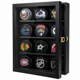 Hockey Puck Display Case with 12 Stands for Puck Collection, Wooden Hockey Puck Holder Cabinet Shadow Box Wall Mount for Signed Autographed Signature Pucks Real Glass Door and Metal Lock
