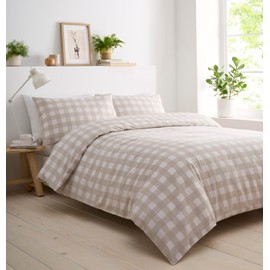 Portfolio Home Gingham Check Natural Single Soft Easy Care Bed Linen Bedding Duvet Cover Quilt Set With Pillow Case