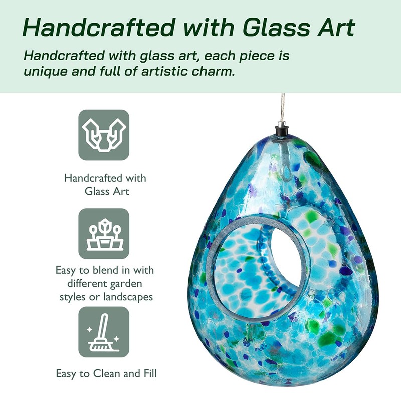 Glitzhome Glass Bird Feeder for Outdoors, 6.75" H Blue Dots