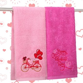 SmoothNovelty 2 Pcs Valentines Hand Towels for Bathroom 29.5 x 13.7 Inch Embroidered Heart Happy Valentine's Day Decorative 100% Cotton Pink Bath Towels Set Absorbent Soft for Kitchen Bathroom Decor