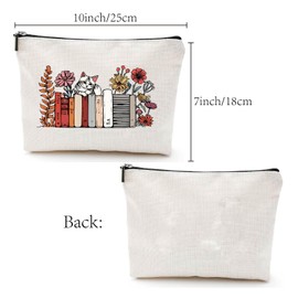 CREATCABIN Cat Book Makeup Bag Canvas Cosmetic Bag Multi Purpose Pen Case Zipper Toiletry Travel Bag Case Purse Pouches Portable Survival Kit for Women Friends Teacher Graduation Gifts 10x7Inch