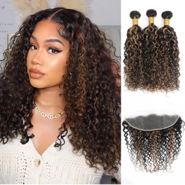 Anmetan Water Wave Brown and Black Ombre Color Curly 3 Bundles Human Hair with Frontal 18 20 22 +18Inch,F1B30 Bundles with 13x4 HD Lace Frontal 100% Remy Human Hair