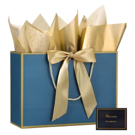 JMANNI Gift Bags, 1PCS Gift Bags Large with Ribbon and 1 Greeting Cards 2 Tissue Paper, Portable Paper Gift Bag with Handles, Birthday Gift Bags,Present Bags for Wedding Party Mothers Day. 12.6''X9.84''X4''(GoldenBlue)