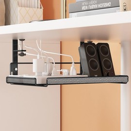 Under Desk Cable Management Tray No Drill, Under-Desk Cable Organiser for Cord Management, Ultra-Rugged Desktop Cable Rack with Clips, Standing Desktop Cable Manager (14.3 in. Tray) (Black)