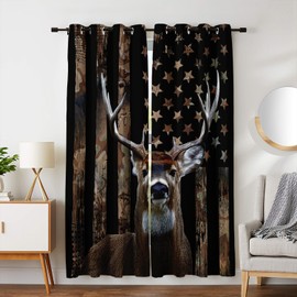 HOSIMA Hunting Deer Curtains for Bedroom & Living Room, 63 Inch Long 2 Panels Hunter Decor with American Flag & Forest Wildlife Theme