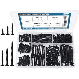 JEGONFRI High Hardness Black Wood Screws Assortment Kit, 209 pcs, Phillips Drive Flat Head, Wood Screws, Screws, Drywall Screws, Assorted Screws, Screws Set, 6 Sizes (2”,1-1/2”,1-1/4”,1”,3/4”,1/2”)