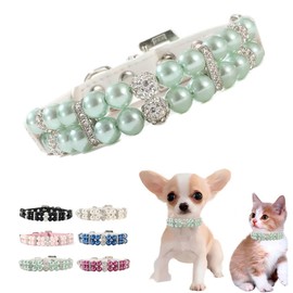 Green Pearl Dog Collar for Large Dogs, Crystal Pearl Puppy Collar Girl Fancy Bling Rhinestone Luxury Beaded Necklace Diamond Pet Jewelry for XXS Xs Small Medium Female Dogs Cats, L