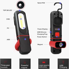 MIJOMI W20 Work Light, 2 in 1LED Rechargeable Portable Work Light, 360 Degrees Rotatable Light with Strong Magnet on Base, for Handfree Working, Outdoor, Emergency