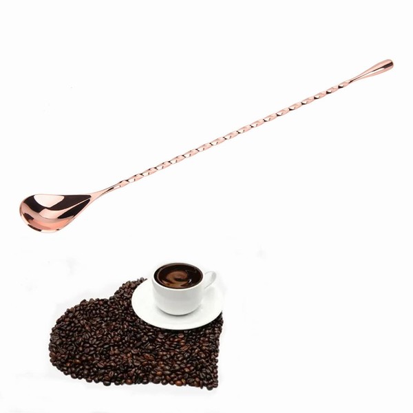 1Pc Stainless Steel Cocktail Spoon Beverage Coffee Mixing Layering Tool with Long Handle Drink Stirring Tool Barware for Party Shaker Cocktail Bar Stirrer(Round Tail-Rose Gold)