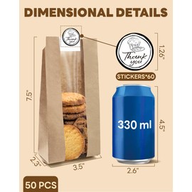 50 PCS Cookie Bags With Seal, Kraft Brown Paper Bags with Stickers, Bakery Bags for Snack, Cupcake, Cookie, Coffee Bean, Party Favor, Cookie Packaging, 3.5"x 2.3"x7.5"