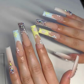 Long Press on Nails Coffin Fake Nails French Tip False Nails with Designs Flower Glue on Nails Bling Rhinestone Stick on Nails Full Cover Square Acrylic Nails Aritficial Nails for Women 24 Pcs