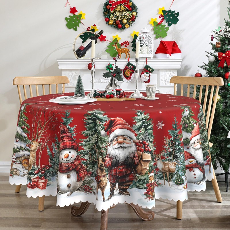 Round Christmas Tablecloth 60 inches - Red Snowman Table Cloth