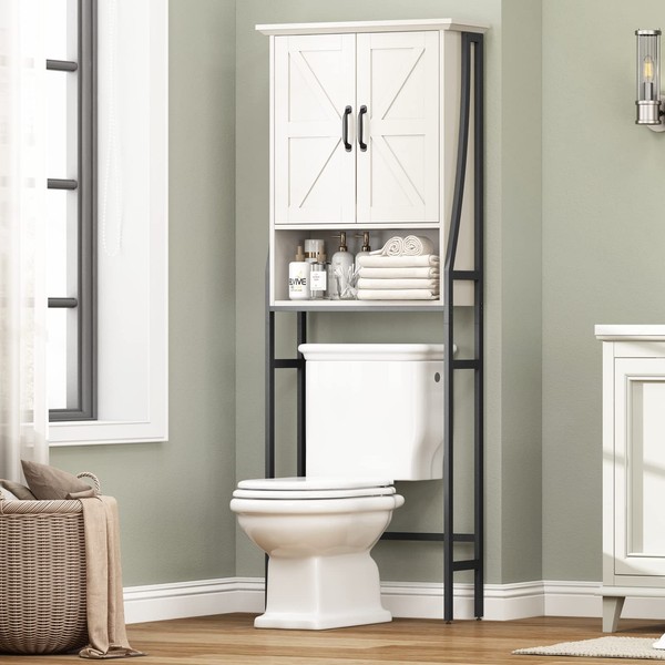 MXARLTR Over The Toilet Storage Cabinet, Over Toilet Bathroom Organizer, Above Toilet Storage Cabinet with Barn Doors Behind Toilet Bathroom Organizer Over-The-Toilet Cabinet (Cream White)