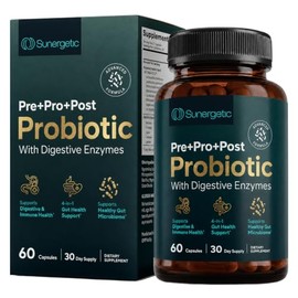 Sunergetic Probiótico, prebiótico, posbiótico y enzimas digestivas 4 en 1 premium para hombres y mujeres apoya el intestino, la digestión y la...     