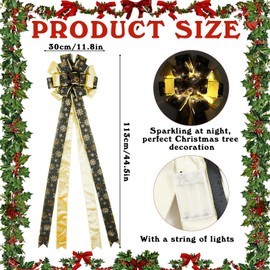 Christmas Tree Topper 12 X 45 Inch Large Christmas Bows with String Lights Glitter Satin Mesh Streamer Black and Gold Wired Ribbon Decorative Bows for Christmas Tree Decorations