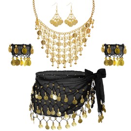 Topbuti 128 Gold Coins Belly Dance Hip Scarf Belly Dancing Scarf Skirt Wrap Necklace Earrings Bracelet for Bellydance Costume (Black)