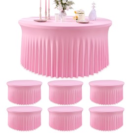 gogoparti 6 Pack Baby Pink 60 inch Round Spandex Tablecloth for 5FOOT Round Table, 120inch Stretchy Tablecloth Fitted 5ft Round Table, Wrinkle Free Table Cloths for Wedding Party Banquet
