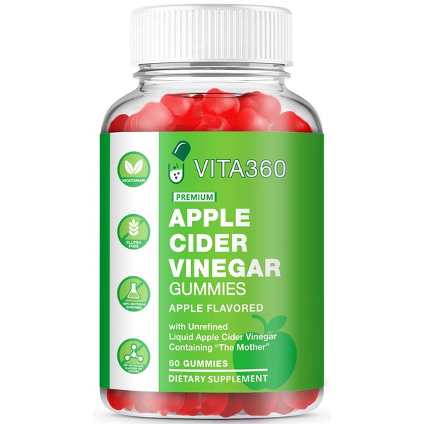 VITA360 60 Count Apple Cider Vinegar Gummies With The Mother - Vitamin B12, Beetroot Powder, Pomegranate Powder & Folic Acid - Apple Flavor ACV Gummies For Digestion, Detox, Skin Care & Immune Support