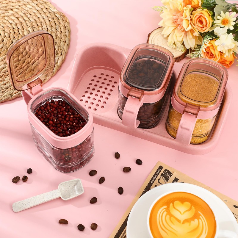 Lemecima 3 Pcs Pink Sugar Coffee Container Set Glass Condiment