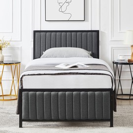 VECELO Twin Bed Frame with Upholstered Tufted Headboard & Footboard, Heavy Duty Steel Slats Platform, No Box Spring Needed, Grey