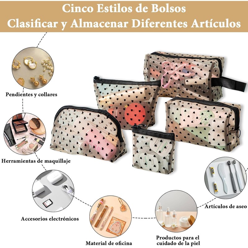 Set 5 Bolsas de Malla Transparente con Estampado Corazón, Neceser