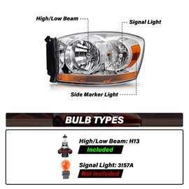 BRYGHT Anti-Fogging Headlight Assembly Fit For 06 07 08 2006 2007 2008 Dodge Ram 1500, 06 07 08 09 2006-2009 Ram 2500 3500 OE Style Pair Set Chrome Housing & Amber Reflector Updated with Bulbs