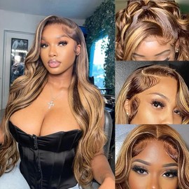 PIOGH Highlight Ombre Lace Front Wig Human Hair Pre Plucked Body Wave 4/27 Colored Honey Blonde Wigs 13x4 HD Lace Frontal Wigs Human Hair 180 Density Glueless Wigs Human Hair for Women 24 Inch