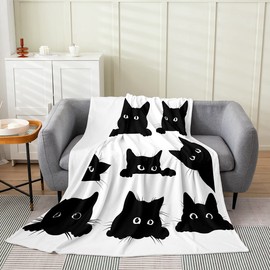 Cat Fleece Throw Blanket,Kids Pet Cats Flannel Fuzzy Blanket for Bed Sofa Couch,3D Animal All Season Bed Blanket Cute Kitten Black White Breathable Plush Blanket Room Decor Throw 50"x60"